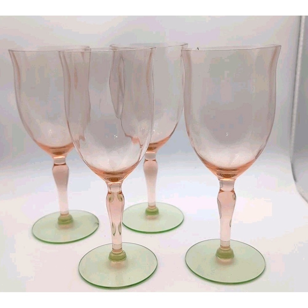 Vintage Tiffin Set Of Four Watermelon Wine Goblet Glasses Uranium Base